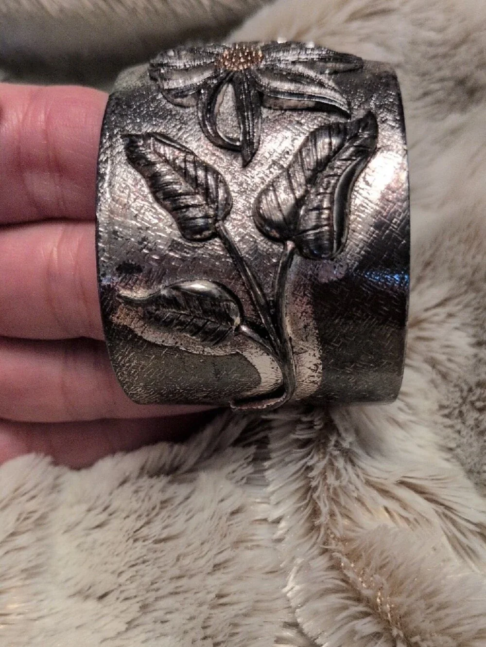 Heavy Vintage Mixed Metal Wide Daisy Flower Statement Cuff Bracelet